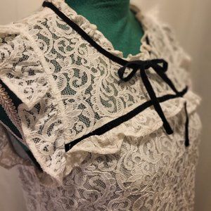 New York & Co Soho White Lace & Ruffle Overlay Blouse with Velvet Tie S